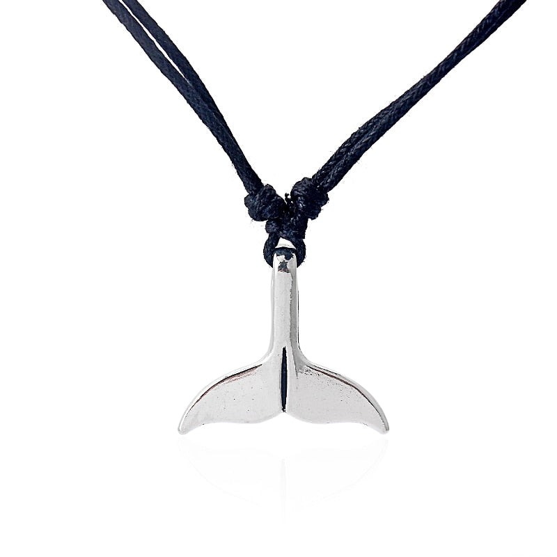 1pcs Tibetan Silver Whale Tail Charm Pendant Necklace With Black Wax Cotton Cord Necklace Adjustable Handmade Jewelry