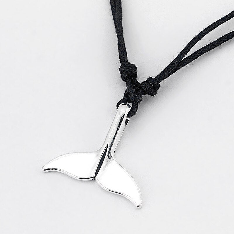 1pcs Tibetan Silver Whale Tail Charm Pendant Necklace With Black Wax Cotton Cord Necklace Adjustable Handmade Jewelry
