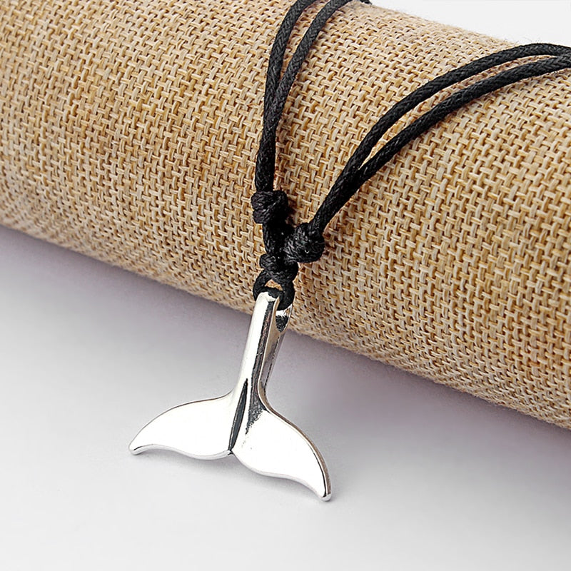 1pcs Tibetan Silver Whale Tail Charm Pendant Necklace With Black Wax Cotton Cord Necklace Adjustable Handmade Jewelry