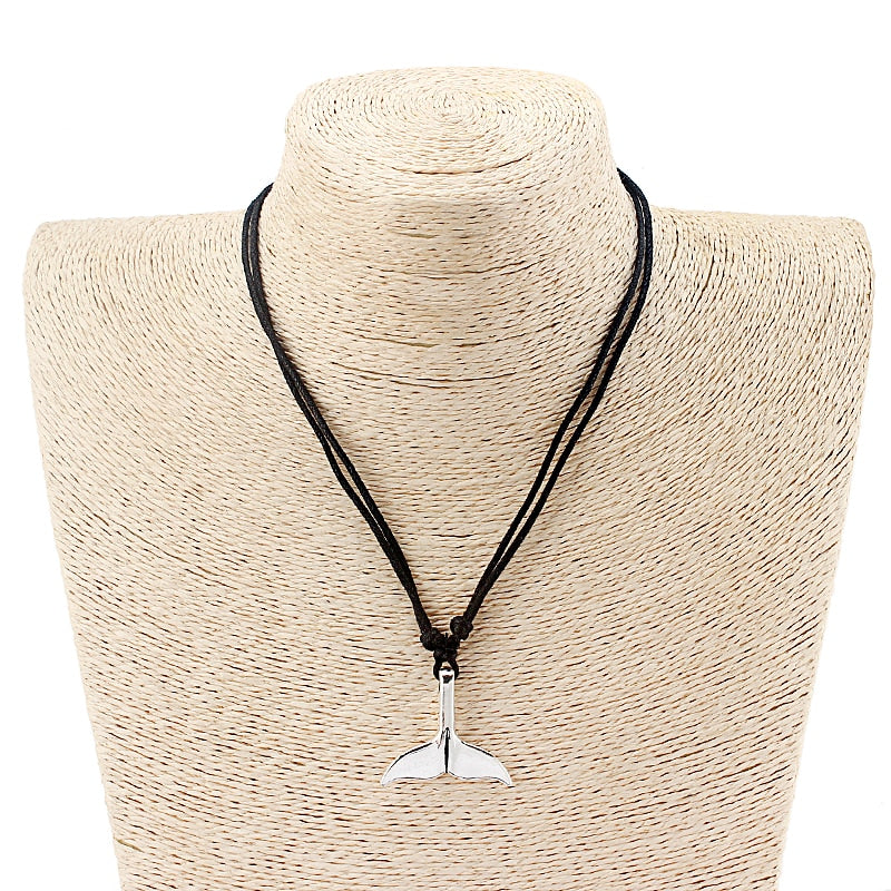 1pcs Tibetan Silver Whale Tail Charm Pendant Necklace With Black Wax Cotton Cord Necklace Adjustable Handmade Jewelry