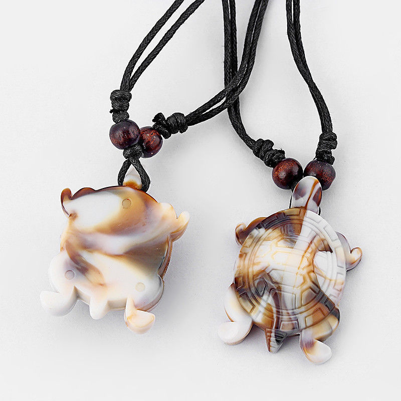 1pcs Faux Yak Bone Resin Turtle Pendant Necklace Black Wax Cotton Cord Adjustable Jewelry