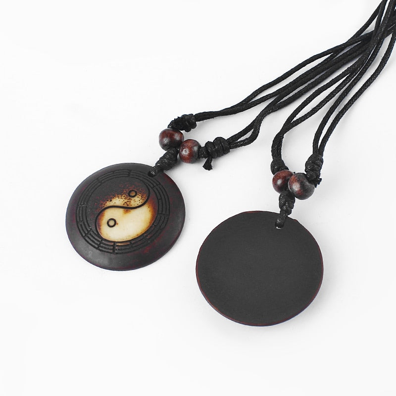 1pcs Faux Yak Bone Resin Yin Ying Yang Taiji / Bagua Charms Pendant Necklace Wax Cotton Cord Tribal Necklace