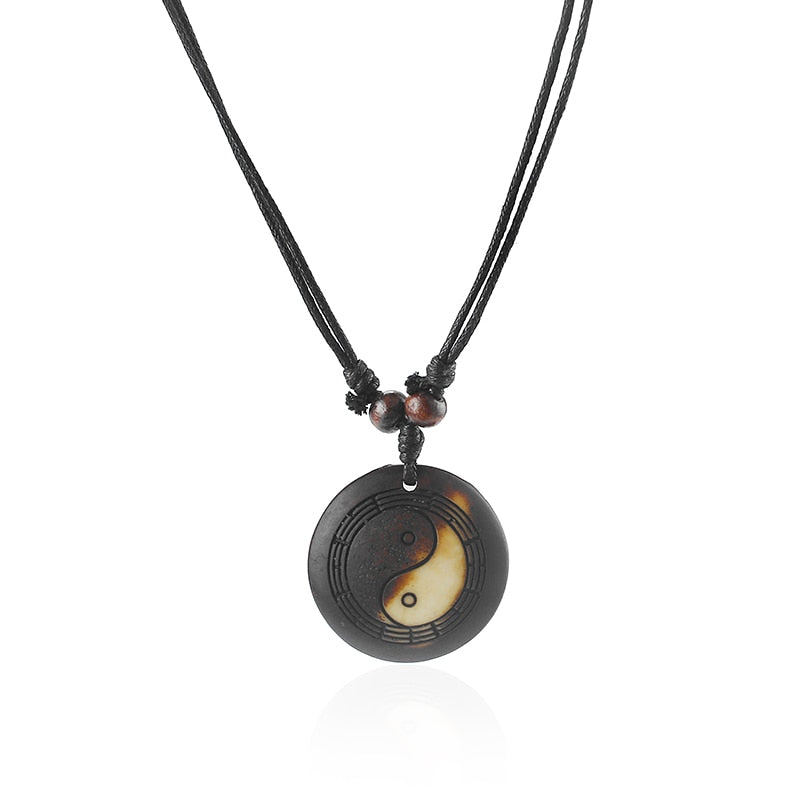 1pcs Faux Yak Bone Resin Yin Ying Yang Taiji / Bagua Charms Pendant Necklace Wax Cotton Cord Tribal Necklace