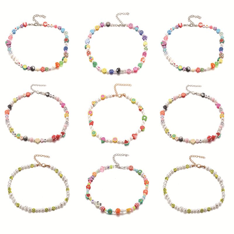 1pcs Pearl Polymer Clay Smile Face Chokers Necklace For Women Colorful Beaded Fruit Collar Necklace Jewelry