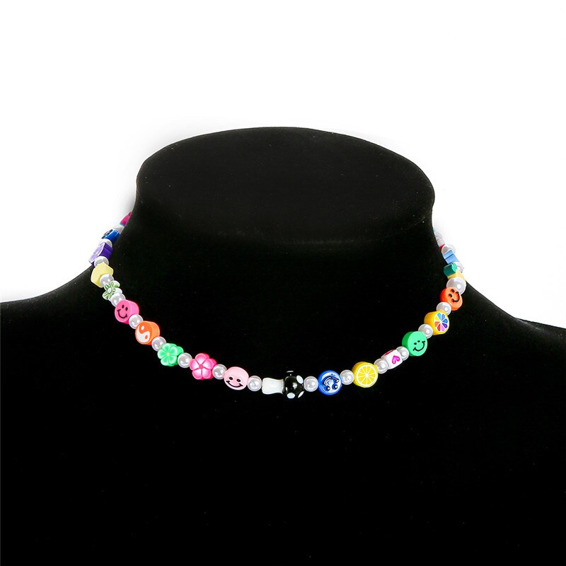 1pcs Pearl Polymer Clay Smile Face Chokers Necklace For Women Colorful Beaded Fruit Collar Necklace Jewelry