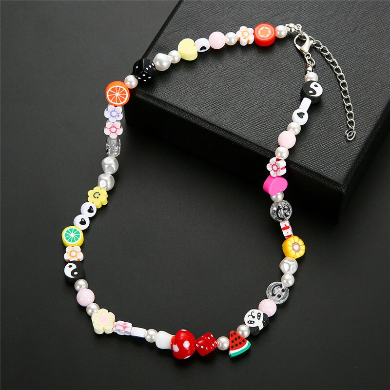1pcs Pearl Polymer Clay Smile Face Chokers Necklace For Women Colorful Beaded Fruit Collar Necklace Jewelry