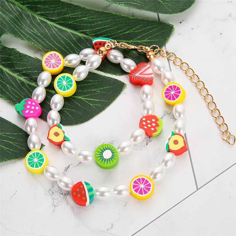 1pcs Pearl Polymer Clay Smile Face Chokers Necklace For Women Colorful Beaded Fruit Collar Necklace Jewelry