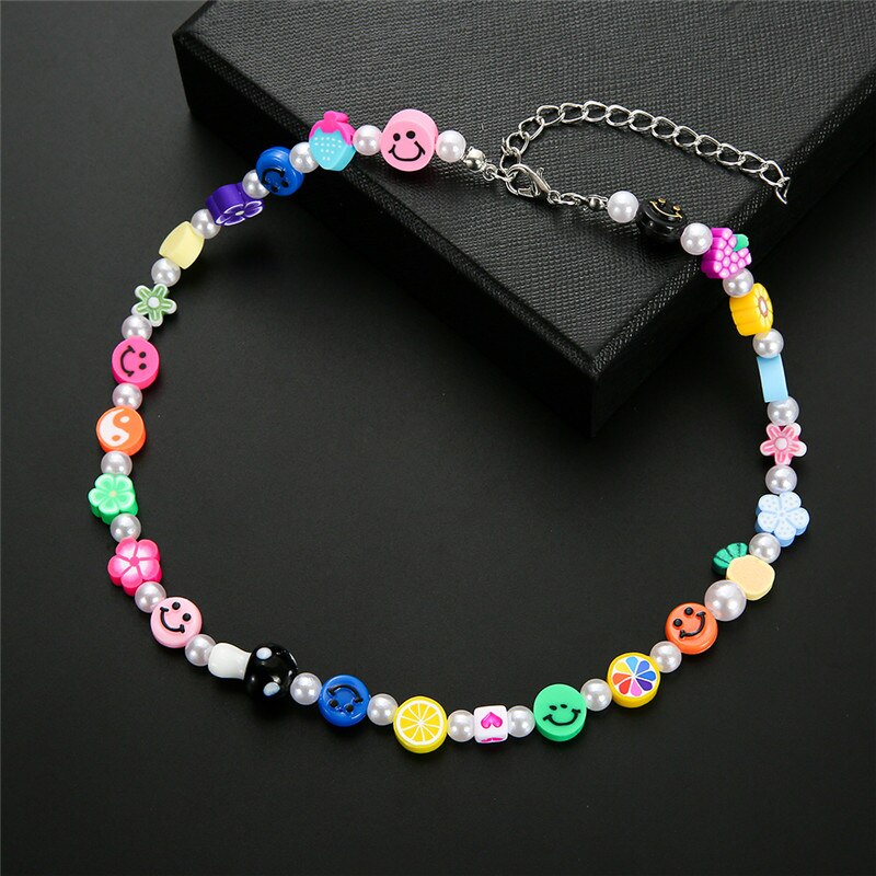 1pcs Pearl Polymer Clay Smile Face Chokers Necklace For Women Colorful Beaded Fruit Collar Necklace Jewelry