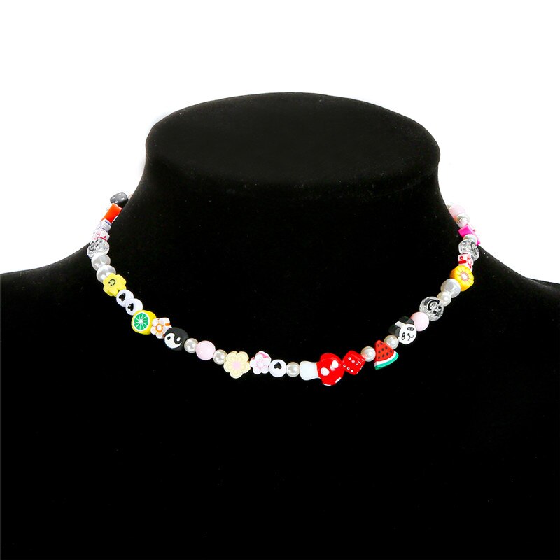 1pcs Pearl Polymer Clay Smile Face Chokers Necklace For Women Colorful Beaded Fruit Collar Necklace Jewelry