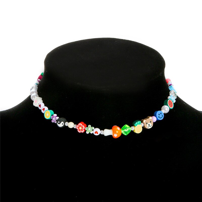 1pcs Pearl Polymer Clay Smile Face Chokers Necklace For Women Colorful Beaded Fruit Collar Necklace Jewelry