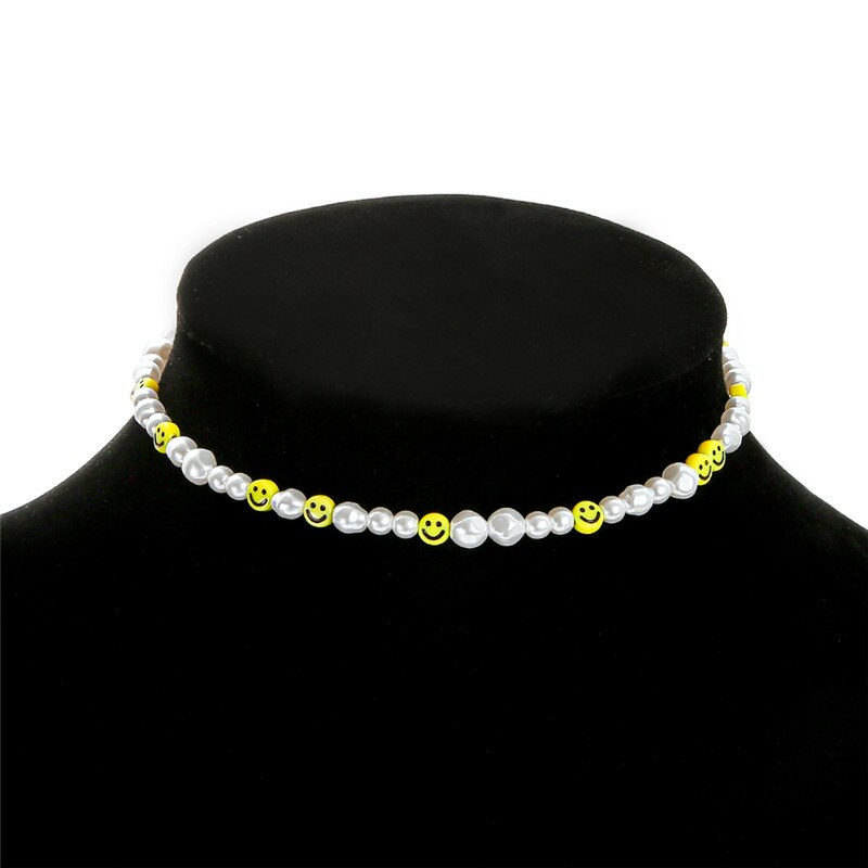 1pcs Pearl Polymer Clay Smile Face Chokers Necklace For Women Colorful Beaded Fruit Collar Necklace Jewelry