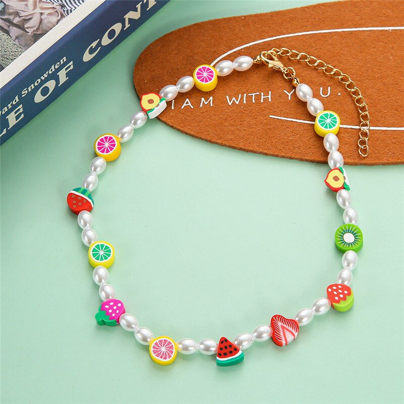 1pcs Pearl Polymer Clay Smile Face Chokers Necklace For Women Colorful Beaded Fruit Collar Necklace Jewelry