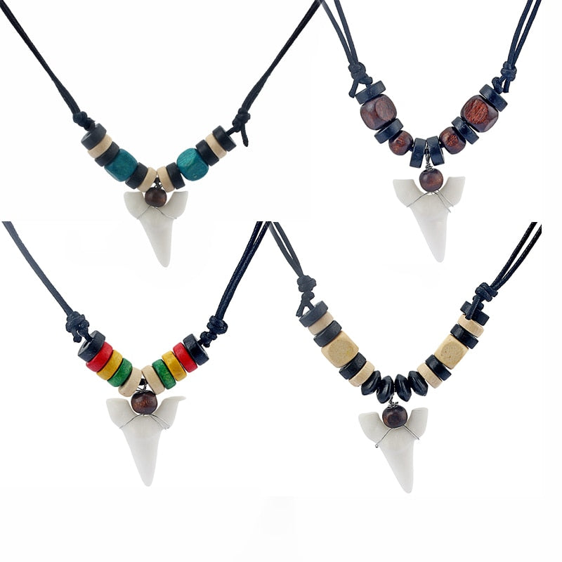 1pcs  White Resin Shark Tooth/Teeth Pendant Necklace Waxed Cotton Cord Adjustable Surf Necklace