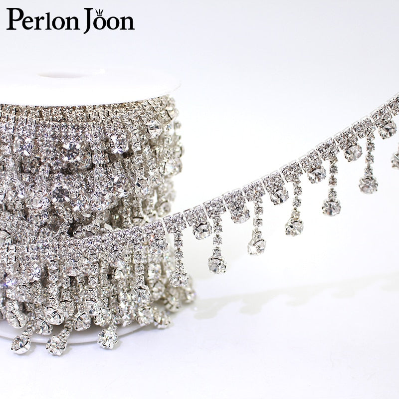 1yard Short tassel Pendant rhinestones trim fringe crystal metal chain  for dress,bag,shoes accessories ML004