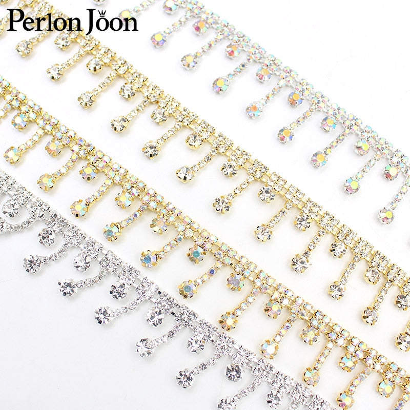 1yard Short tassel Pendant rhinestones trim fringe crystal metal chain  for dress,bag,shoes accessories ML004
