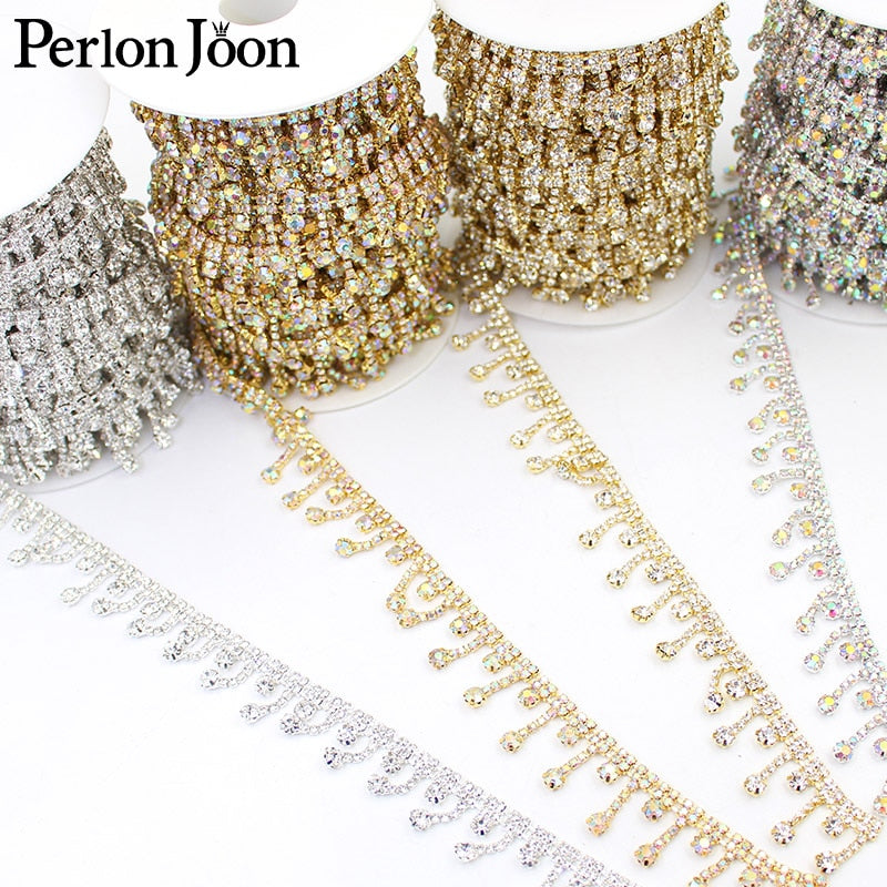 1yard Short tassel Pendant rhinestones trim fringe crystal metal chain  for dress,bag,shoes accessories ML004