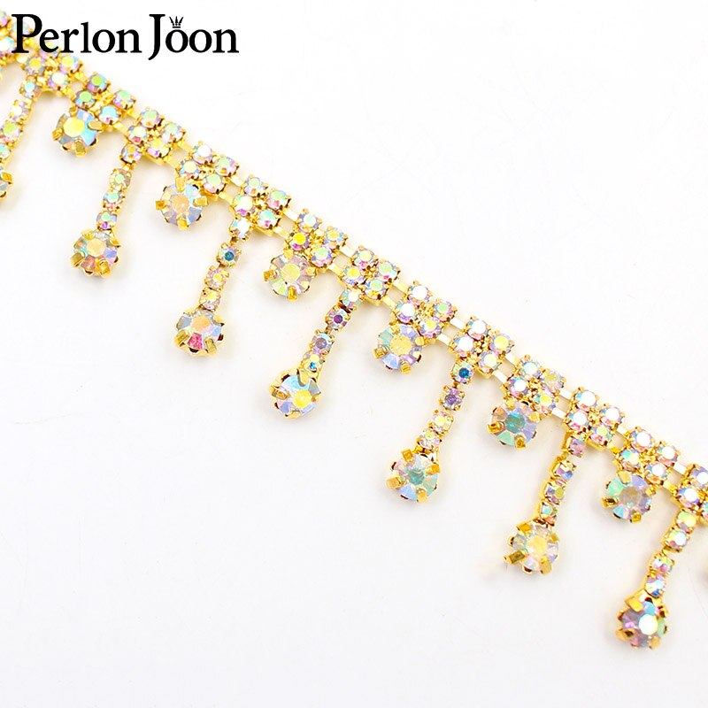 1yard Short tassel Pendant rhinestones trim fringe crystal metal chain  for dress,bag,shoes accessories ML004