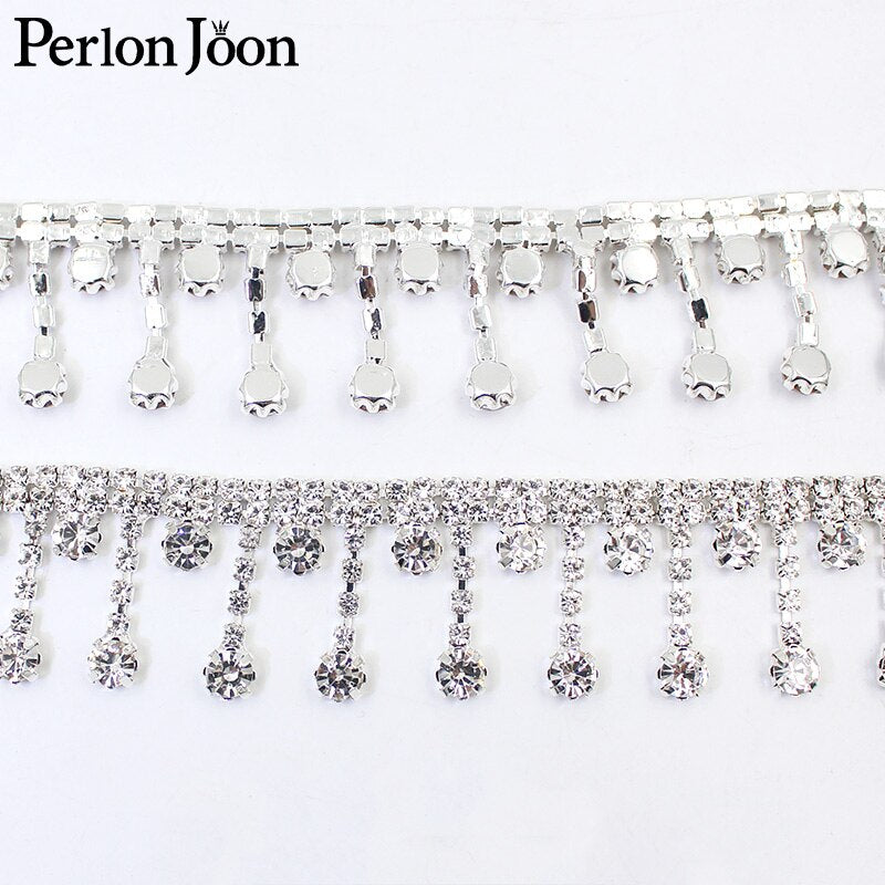 1yard Short tassel Pendant rhinestones trim fringe crystal metal chain  for dress,bag,shoes accessories ML004
