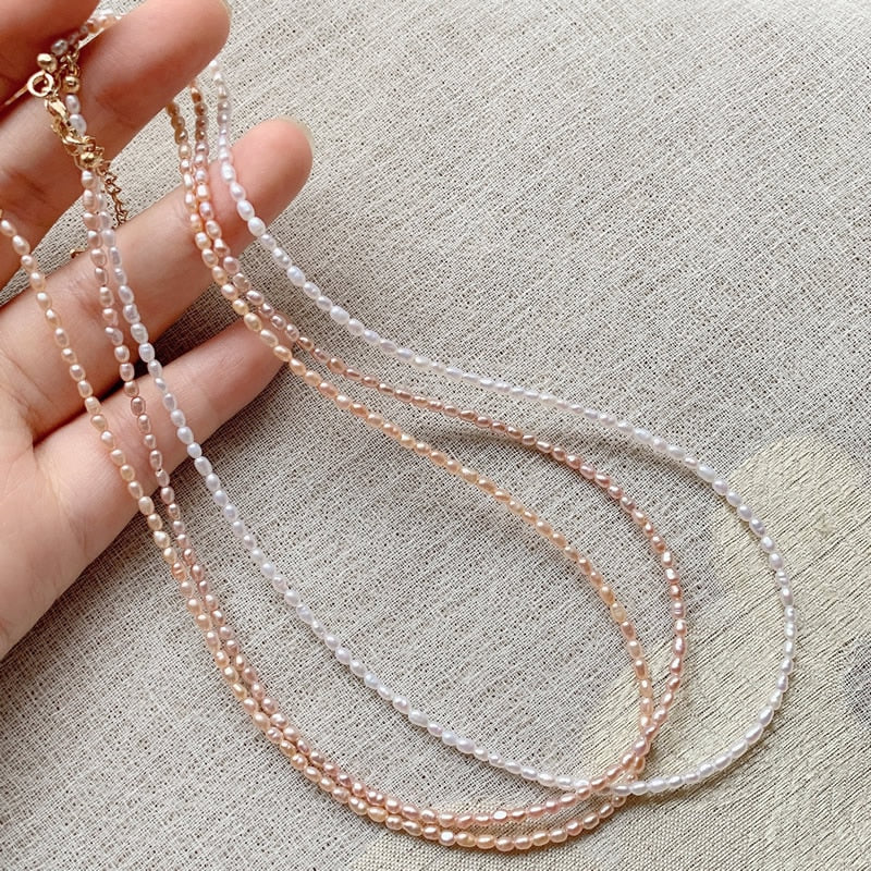 2-3mm Mini Rice Pearl Strand Necklace Simple Shiny Pearls Natural Freshwater Pearl Choker Necklace Jewelry for Women
