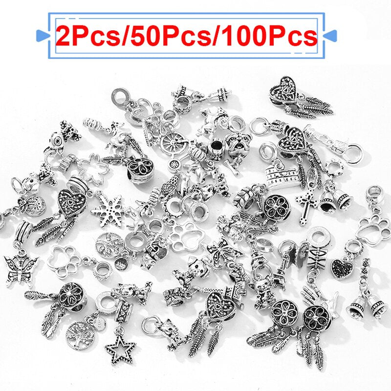 2/5/10/50/100Pcs Mixed Style Silver Color Random Delivery Charms Bead Pendant Dangle Fits Brand Bracelets Women Jewelry Making