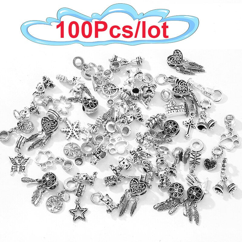 2/5/10/50/100Pcs Mixed Style Silver Color Random Delivery Charms Bead Pendant Dangle Fits Brand Bracelets Women Jewelry Making