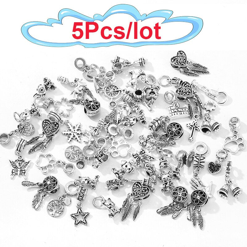 2/5/10/50/100Pcs Mixed Style Silver Color Random Delivery Charms Bead Pendant Dangle Fits Brand Bracelets Women Jewelry Making