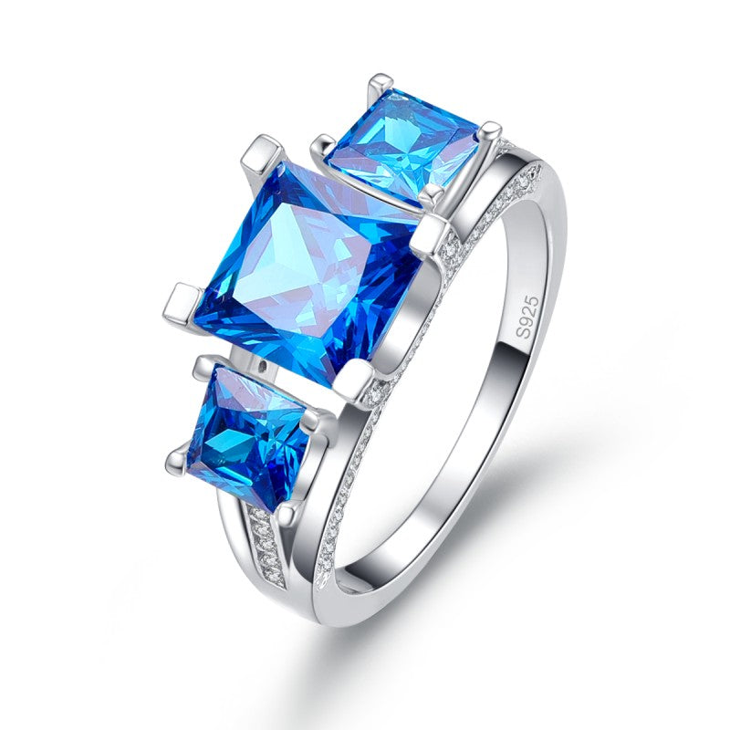 2.5 Ct Emerald Cut Natural Ocean Blue Topaz Square Engagement Wedding Ring Solid 925 Sterling Silver Jewelry Women with box