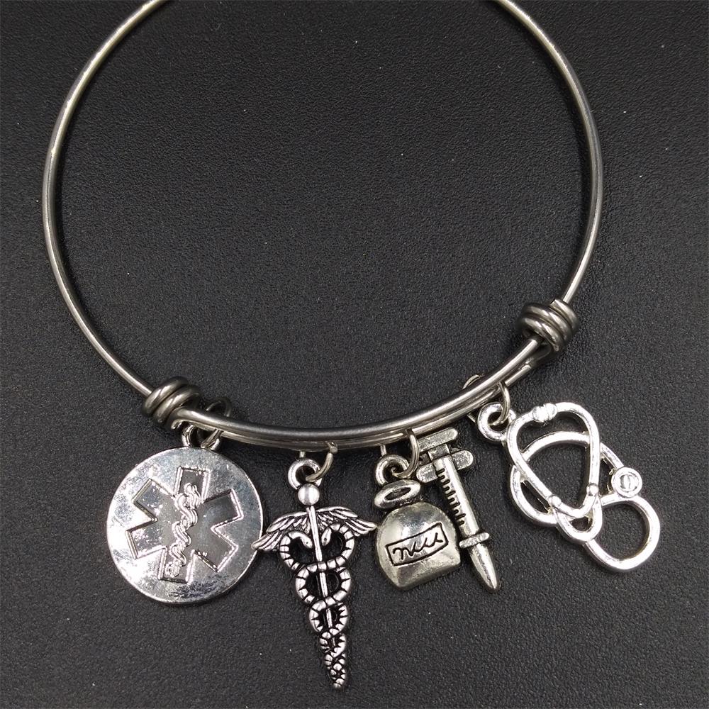 2.5 EMT Emergency Medical Technician Star of Life Caduceus Syringe Charms Stainless Steel Wire Bangle Doctor Nurse Bracelets