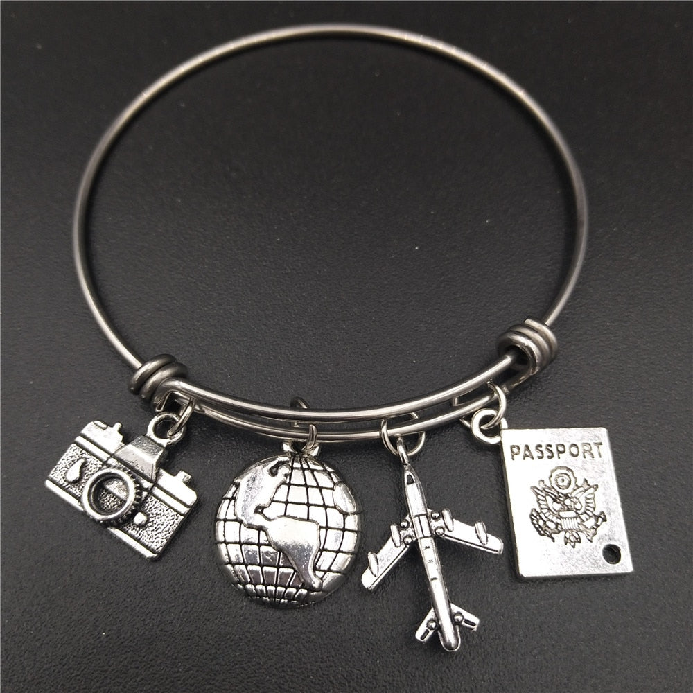 2-5-inch-Diameter-Stainless-Steel-Expandable-Wire-Bangle-Love-Travel-Bracelet-Globe-Plane-Passport-Charms