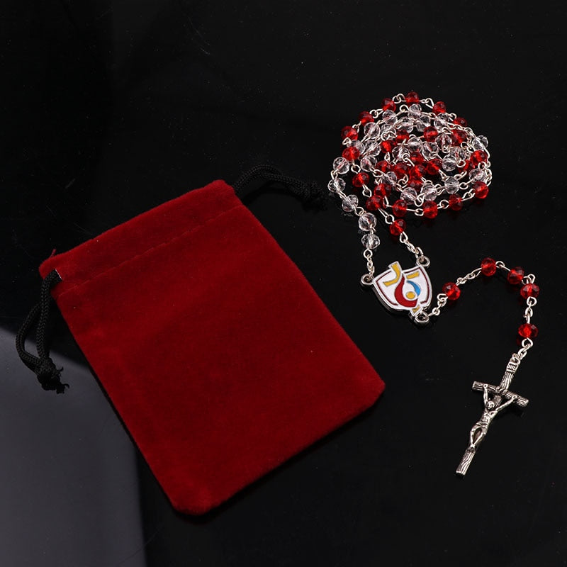 2 Colors Catholic Fancy 4*6mm Red Crystal Galss Rosary Necklace Silver Plated Jesus Cross Pendant Faceted Glass Rosaries Jewelry