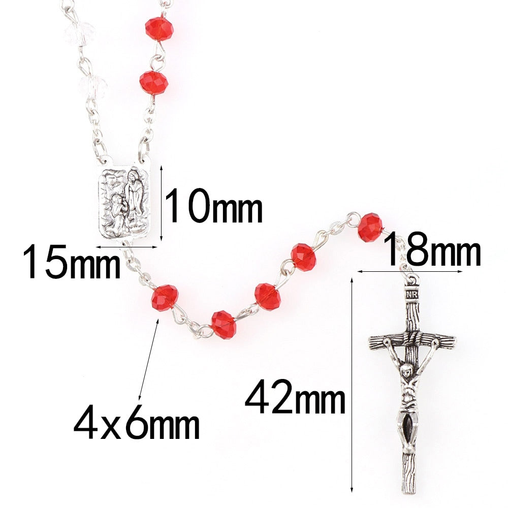 2 Colors Catholic Fancy 4*6mm Red Crystal Galss Rosary Necklace Silver Plated Jesus Cross Pendant Faceted Glass Rosaries Jewelry