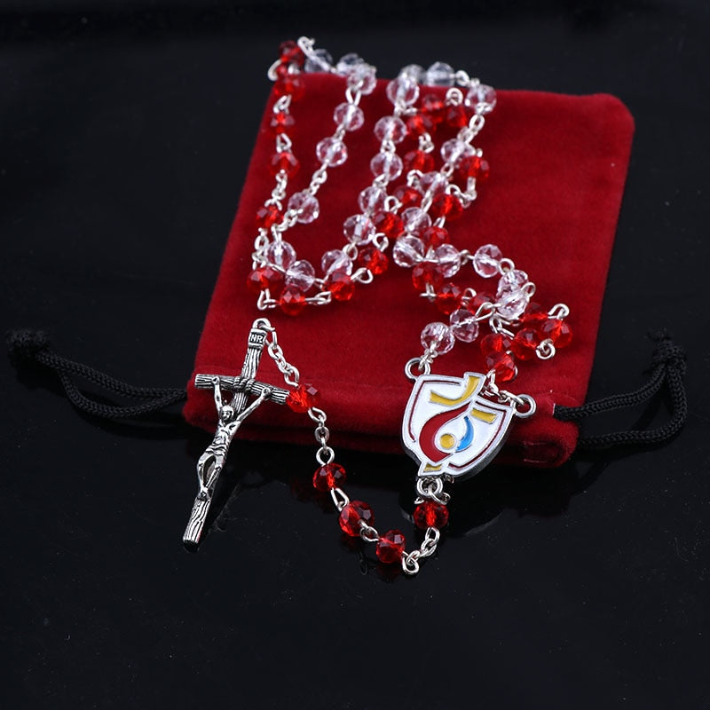2 Colors Catholic Fancy 4*6mm Red Crystal Galss Rosary Necklace Silver Plated Jesus Cross Pendant Faceted Glass Rosaries Jewelry
