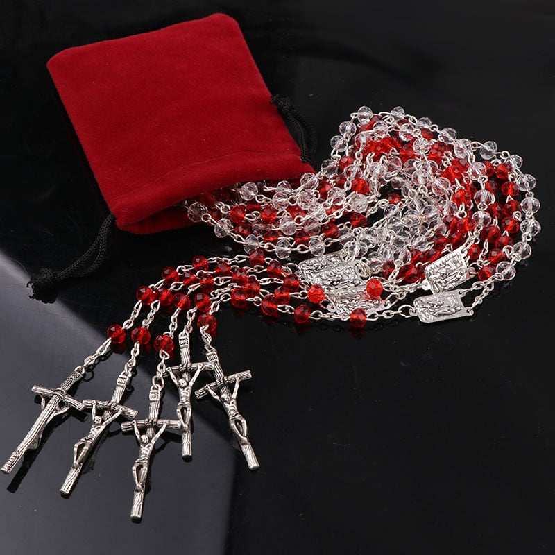 2 Colors Catholic Fancy 4*6mm Red Crystal Galss Rosary Necklace Silver Plated Jesus Cross Pendant Faceted Glass Rosaries Jewelry