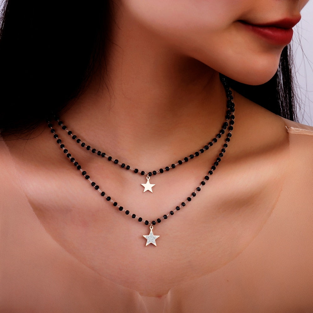 2 Layer Beads Chain Necklace Gold Silvery Stainless Steel Star Pendent Necklaces for Woman 2022 Dainty Jewelry Accessory