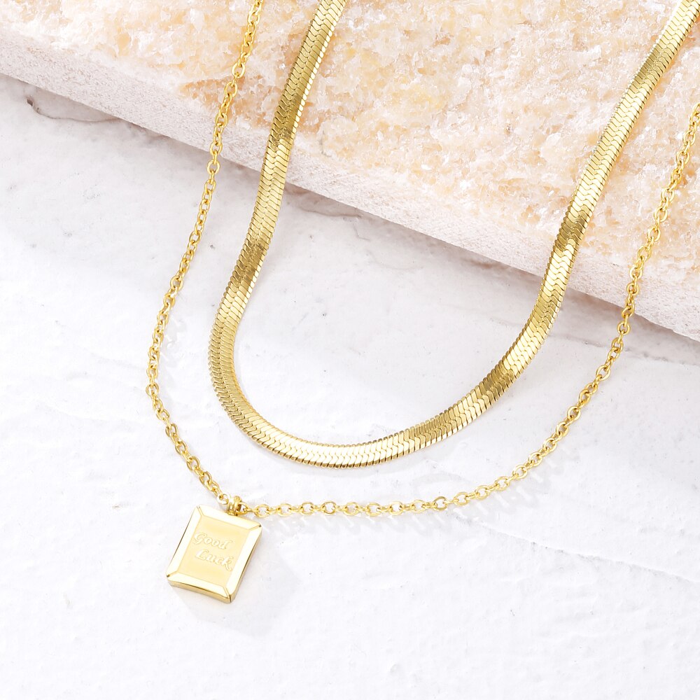 2 Layered Gold Chain Square Pendant Necklace for Women Trend Jewelry Accessories Stainless Steel Female Necklace Gift 2022