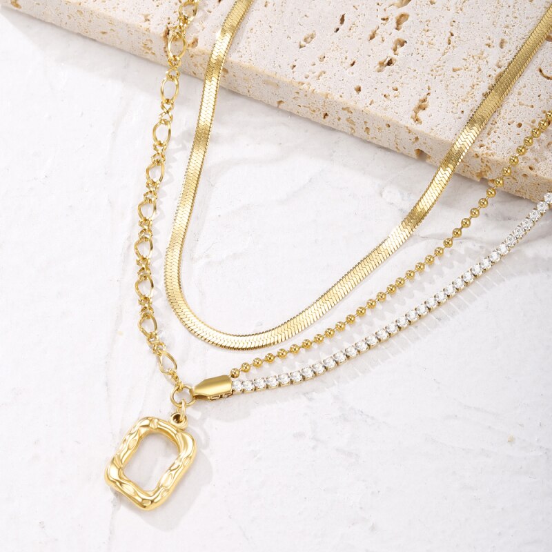 2 Layers Link Snake Chain Geometric Square Pendants Necklaces For Women Gold Metal Necklace Trend Jewelry Gift 2022