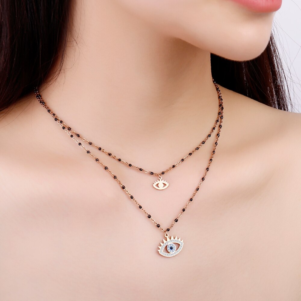 2 Multilayer Crystal Pendant Necklace for Women Black Beads Chain Blue Evil Eye Choker Necklaces Jewelry 2022 New