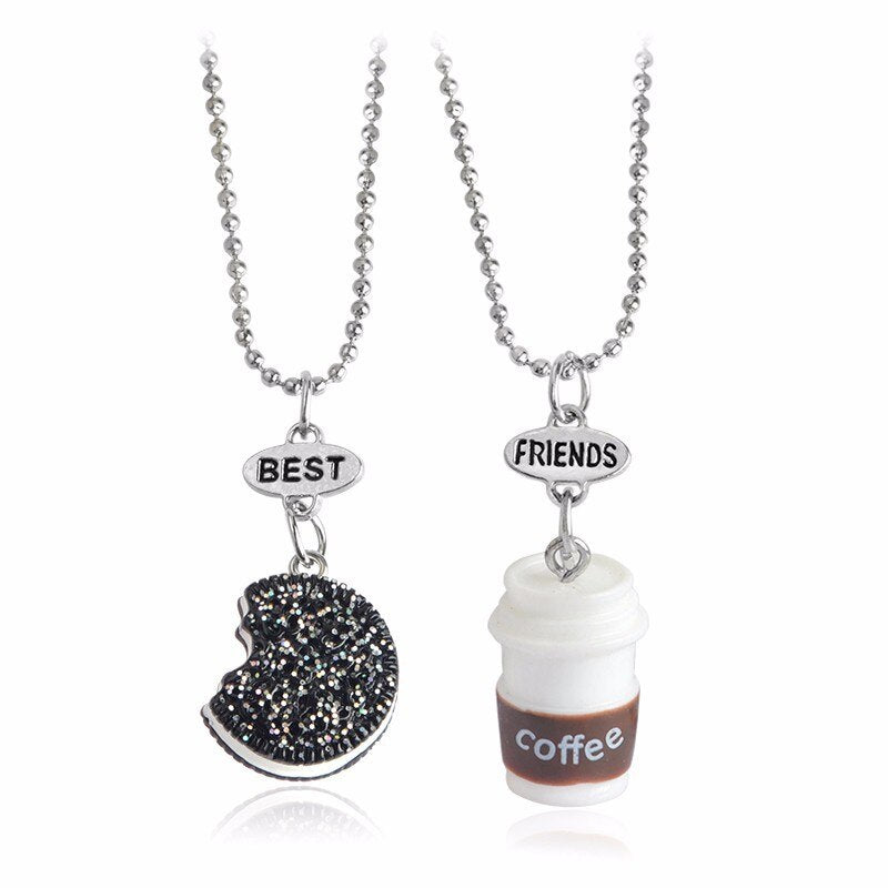 2 Pcs Friend Cute Coffee Cup Biscuit Necklace Couple Chain Friendship BFF Pendant Necklaces Children's Jewelry for Women