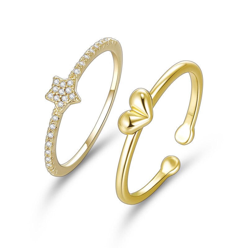 2 Pcs/Set Heart Star Finger Rings for Women Female Gold Wedding Ring Trend Jewelry Gift 2022