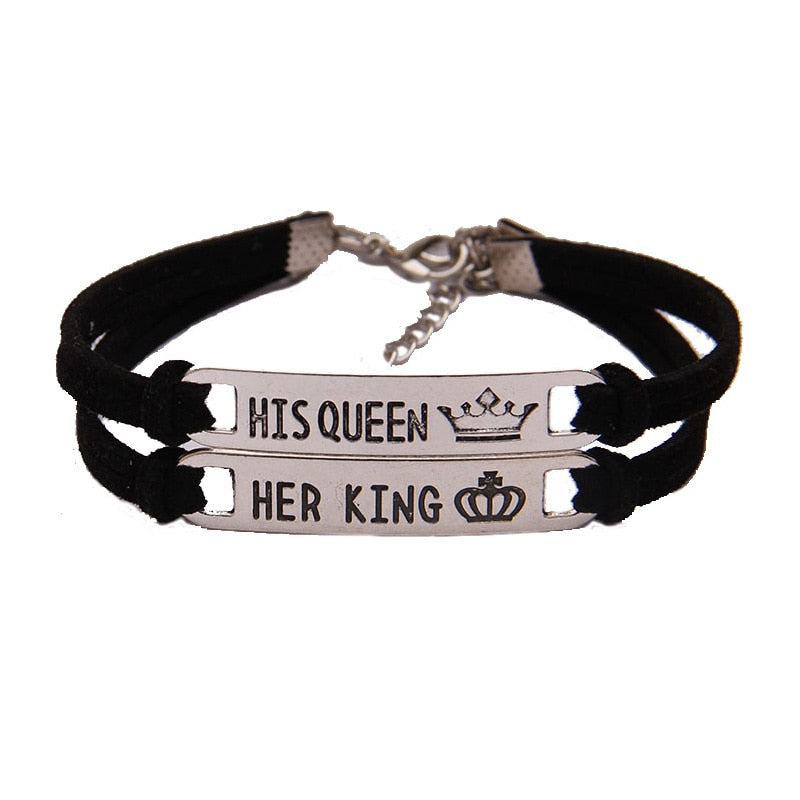 2 Style His Queen Her King Black Classic Lover Bracelet Stainless Steel Couple Bracelet Gift  Jewelry Accessories Gift