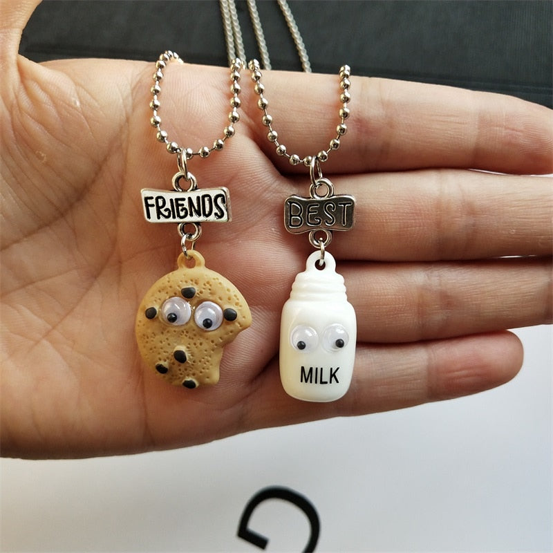 2 pieces / set Cute Cookies and Milk Cup Food Pendant Necklace Friends Men and Girls Couple Necklaces Birthday Gift Jewelry