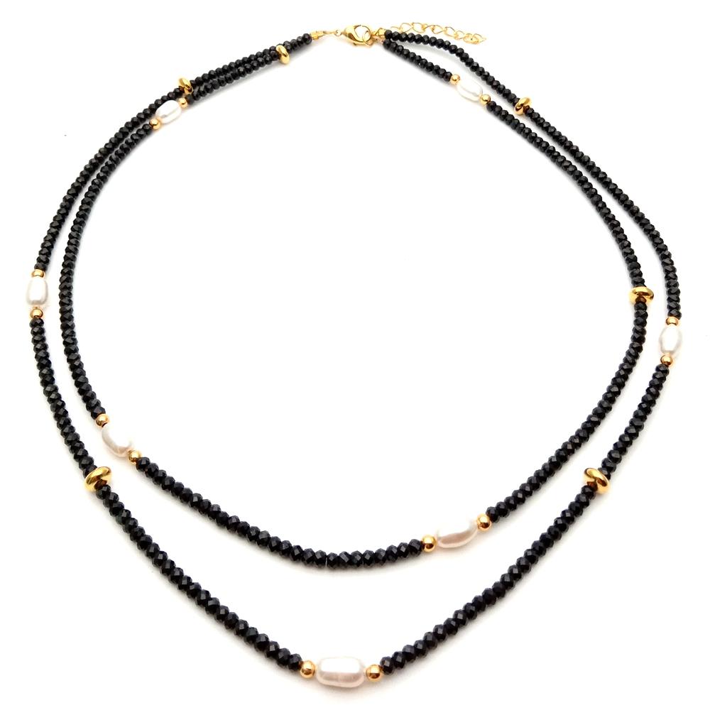 2 rows Natural Genuine faceted Rondelle black onyx Cultured white freshwater Pearl choker Necklace 17