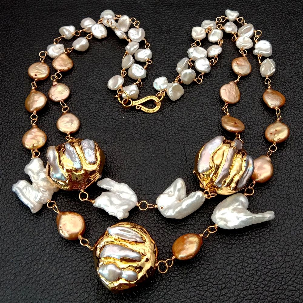 20" Cultured white keshi pearl champagne coin pearl 24 K Yellow Gold color Plated Pearl statement Necklace party women