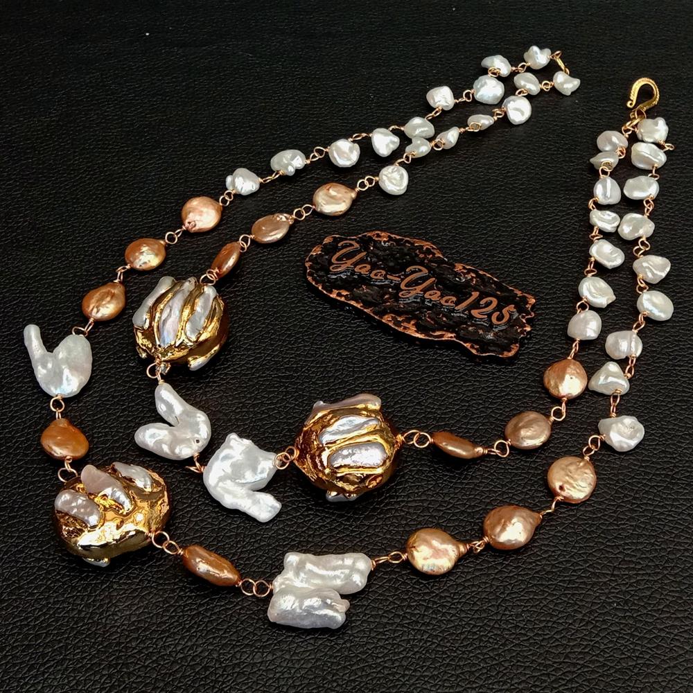 20" Cultured white keshi pearl champagne coin pearl 24 K Yellow Gold color Plated Pearl statement Necklace party women