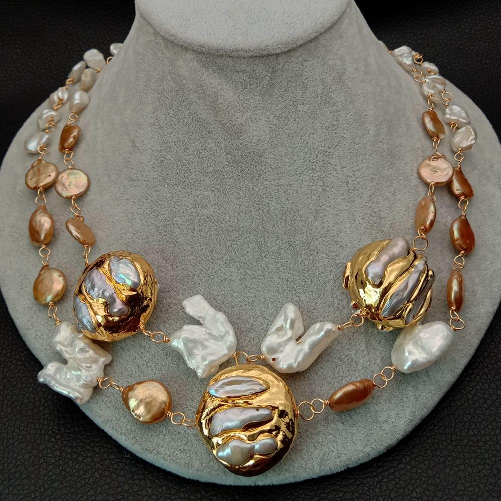 20" Cultured white keshi pearl champagne coin pearl 24 K Yellow Gold color Plated Pearl statement Necklace party women