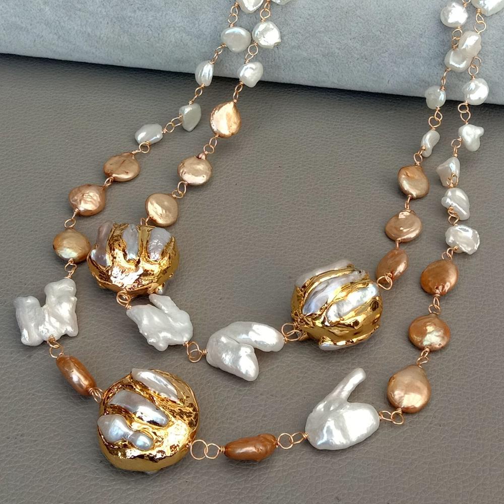 20" Cultured white keshi pearl champagne coin pearl 24 K Yellow Gold color Plated Pearl statement Necklace party women