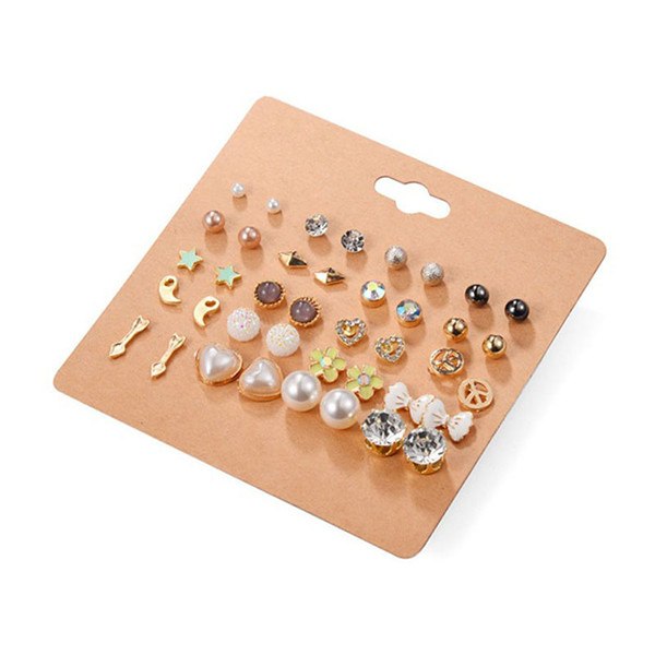 20 Pairs/Set Crystal Star Cross Imitation Pearl Rose Gold Butterfly Knot Stud Earrings Accessories Set Women Ear Jewelry #242765