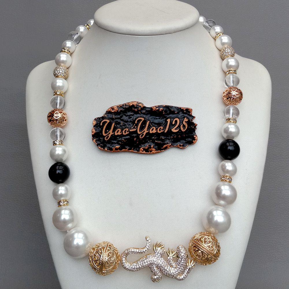 20'' White Sea Shell Pearl Onyx Cz pave silver color plated gecko connector choker Necklace animal hyperbole party for women