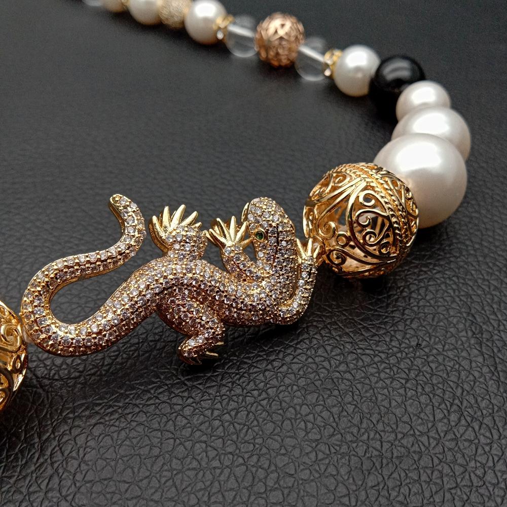 20'' White Sea Shell Pearl Onyx Cz pave silver color plated gecko connector choker Necklace animal hyperbole party for women