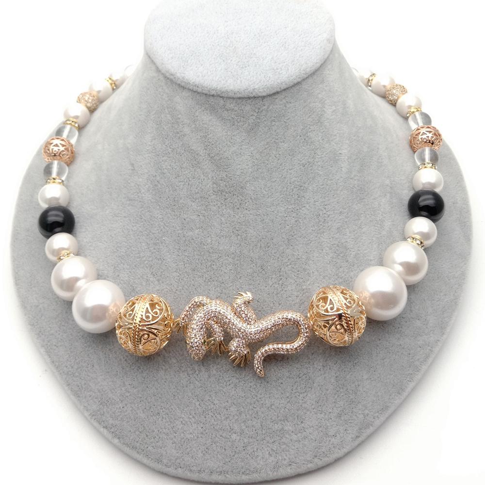 20'' White Sea Shell Pearl Onyx Cz pave silver color plated gecko connector choker Necklace animal hyperbole party for women